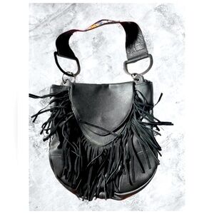 Boho fringed leather bag with beaded strap